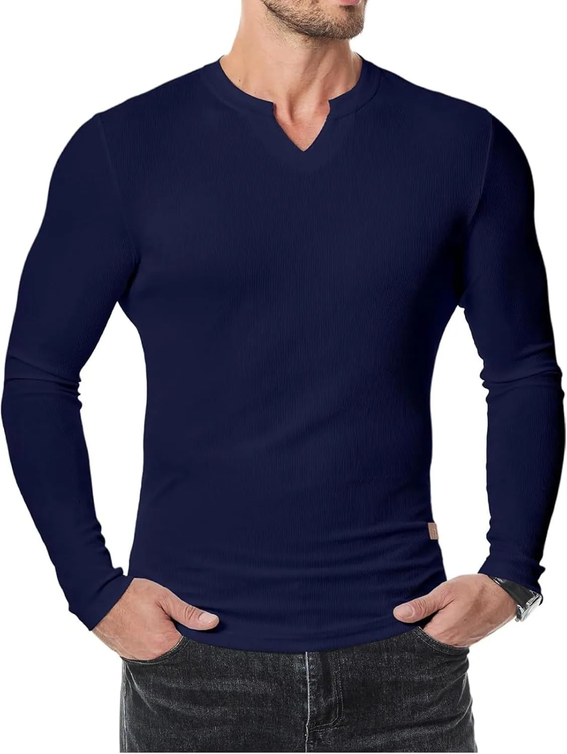 Men's Long Sleeve V-Neck T-Shirt, Soft Cotton, Slim Fit, Casual Wear, Burgundy, Stylish and Comfortable Design