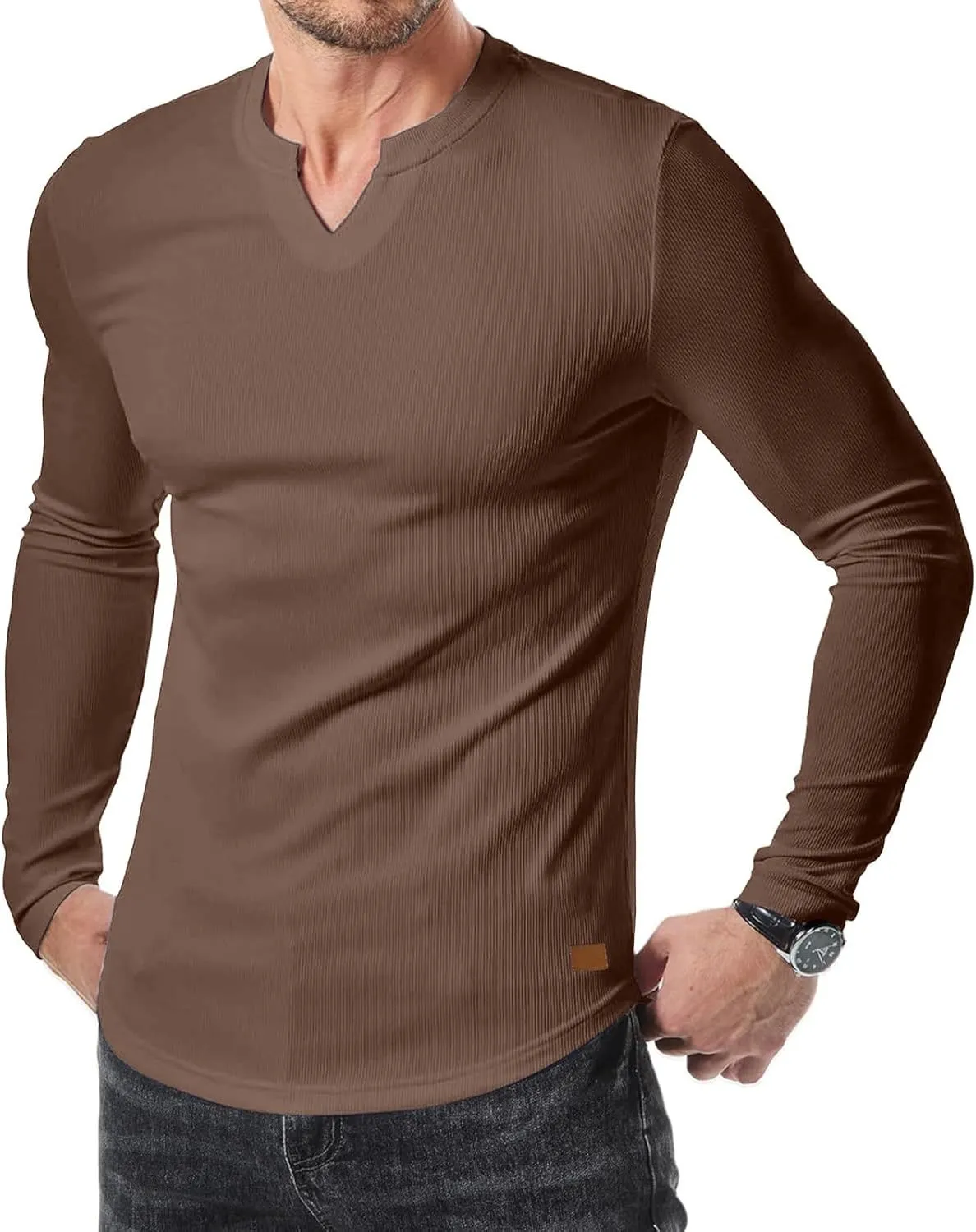 Men's Long Sleeve V-Neck T-Shirt, Soft Cotton, Slim Fit, Casual Wear, Burgundy, Stylish and Comfortable Design