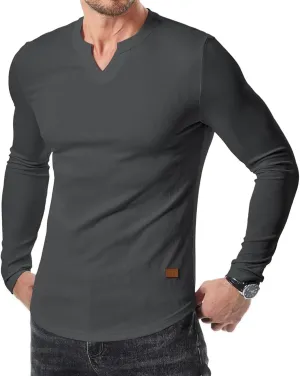 Men's Long Sleeve V-Neck T-Shirt, Soft Cotton, Slim Fit, Casual Wear, Burgundy, Stylish and Comfortable Design