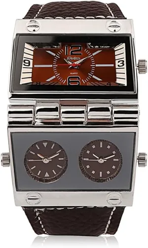 Men's Unique Military Automatic Watches Multi Time Zone Big Face Watches with Square Dial, Genuine Leather Band - Brown