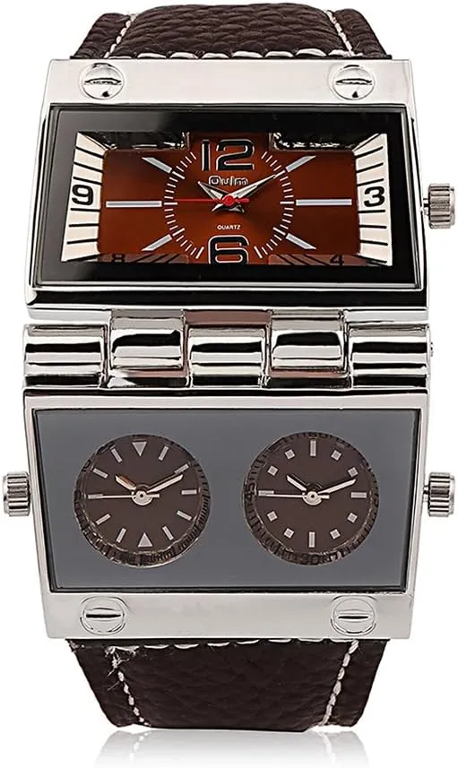 Men's Unique Military Automatic Watches Multi Time Zone Big Face Watches with Square Dial, Genuine Leather Band - Brown