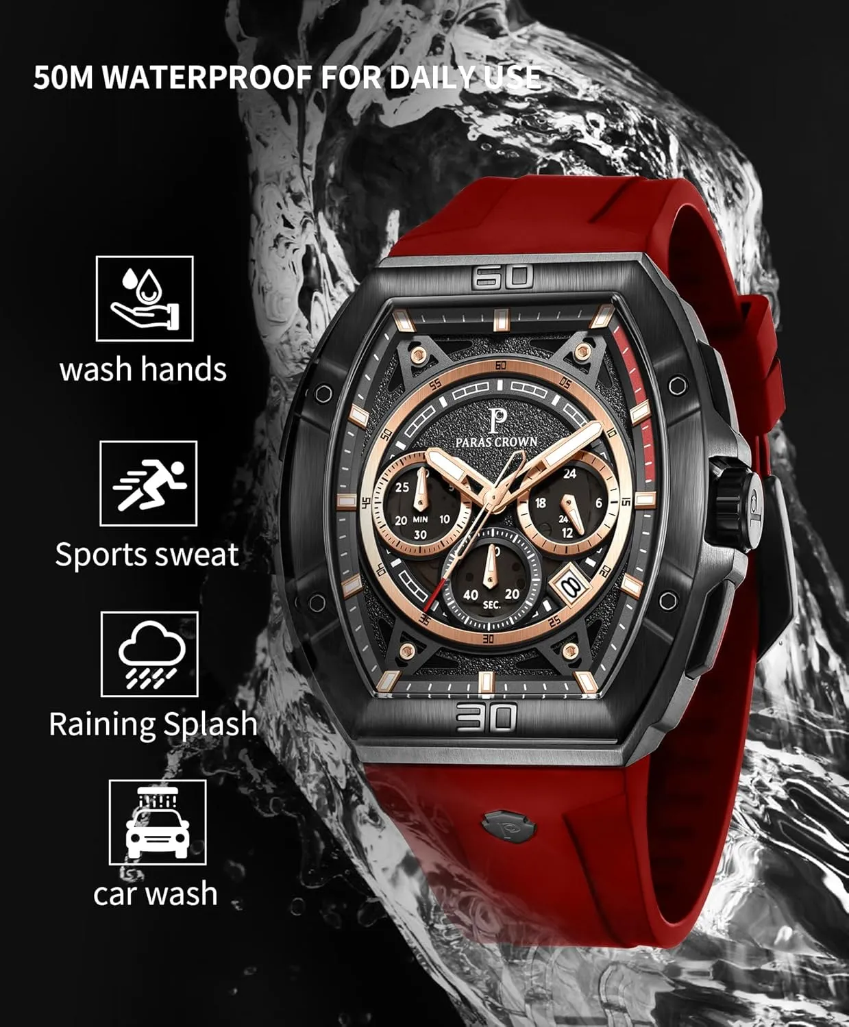 Mens Watches Analog Quartz Luxury 50M Waterproof Tonneau Watches for Men Japanese Movement Stainless Steel Case Luminous Sport Watch