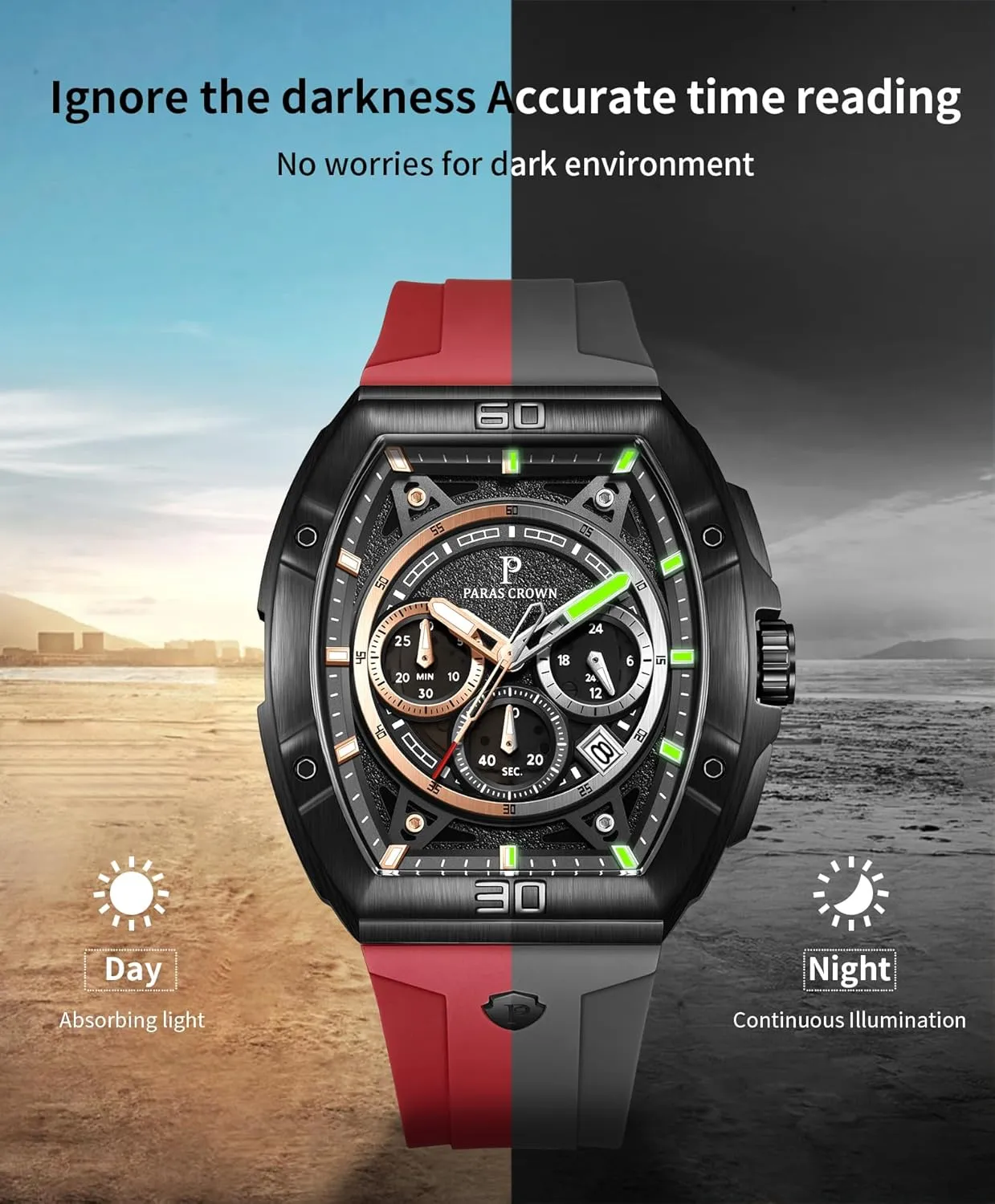 Mens Watches Analog Quartz Luxury 50M Waterproof Tonneau Watches for Men Japanese Movement Stainless Steel Case Luminous Sport Watch