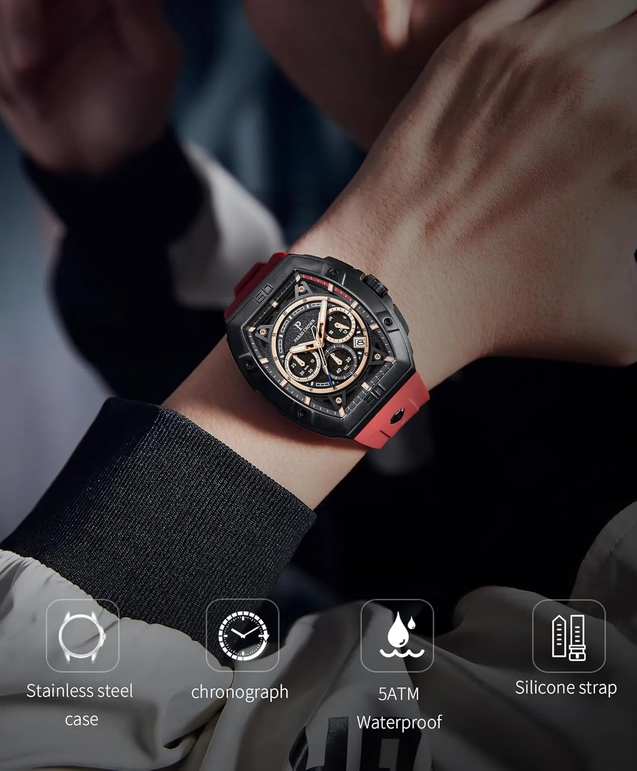 Mens Watches Analog Quartz Luxury 50M Waterproof Tonneau Watches for Men Japanese Movement Stainless Steel Case Luminous Sport Watch