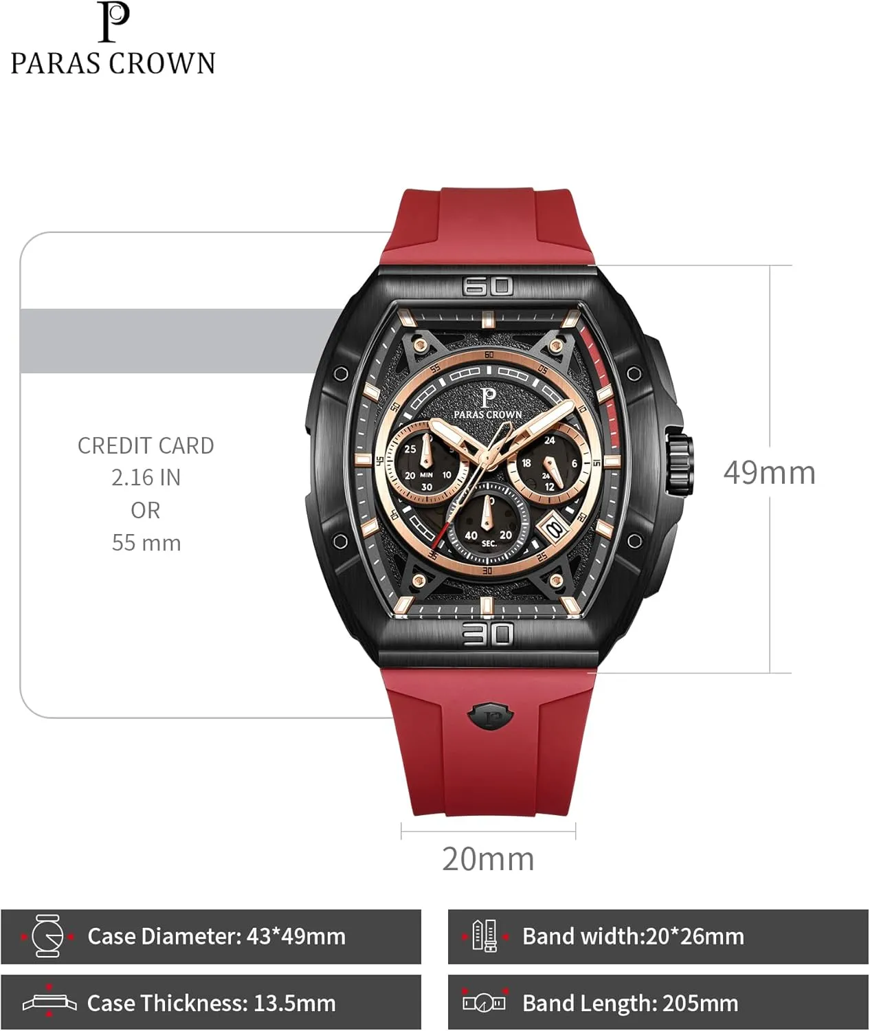 Mens Watches Analog Quartz Luxury 50M Waterproof Tonneau Watches for Men Japanese Movement Stainless Steel Case Luminous Sport Watch