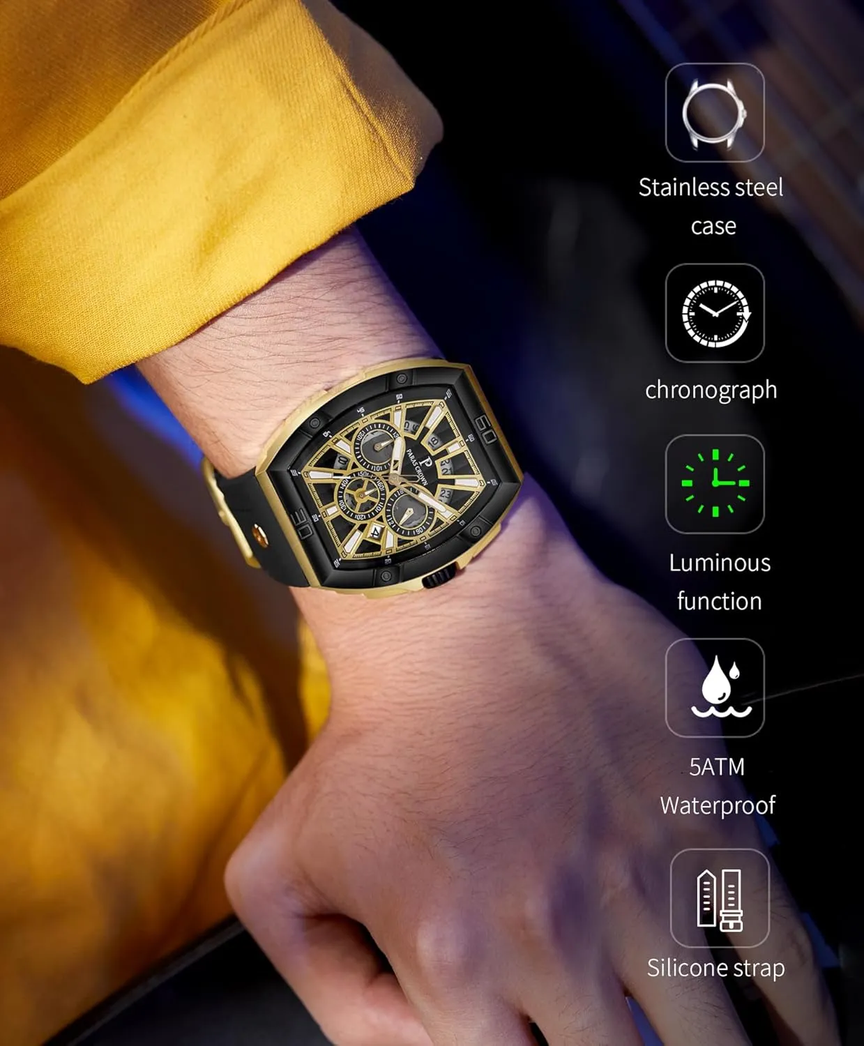Mens Watches Analog Quartz Luxury 50M Waterproof Tonneau Watches for Men Japanese Movement Stainless Steel Case Luminous Sport Watch