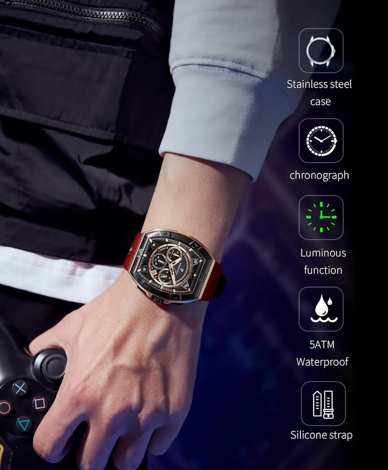 Mens Watches Analog Quartz Luxury Tonneau Watches for Men Japanese Movement 50M Waterproof Stainless Steel Case Luminous Sport Watch