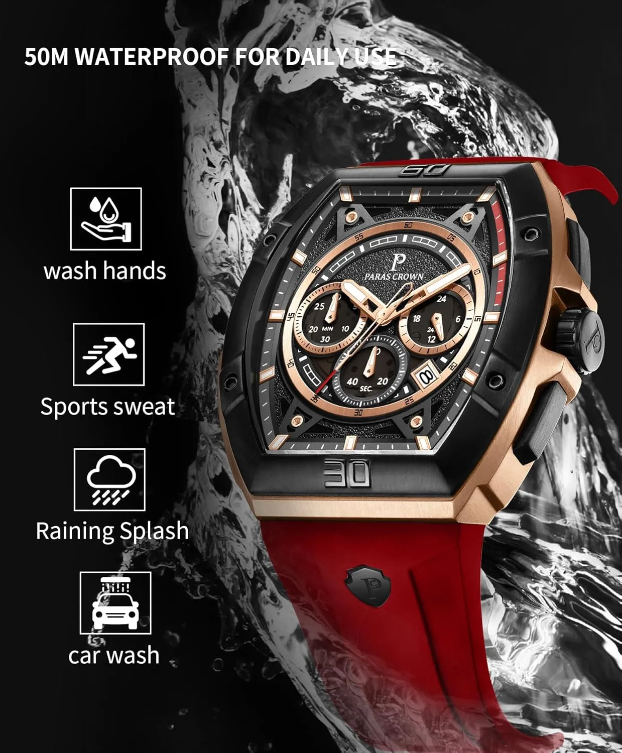 Mens Watches Analog Quartz Luxury Tonneau Watches for Men Japanese Movement 50M Waterproof Stainless Steel Case Luminous Sport Watch