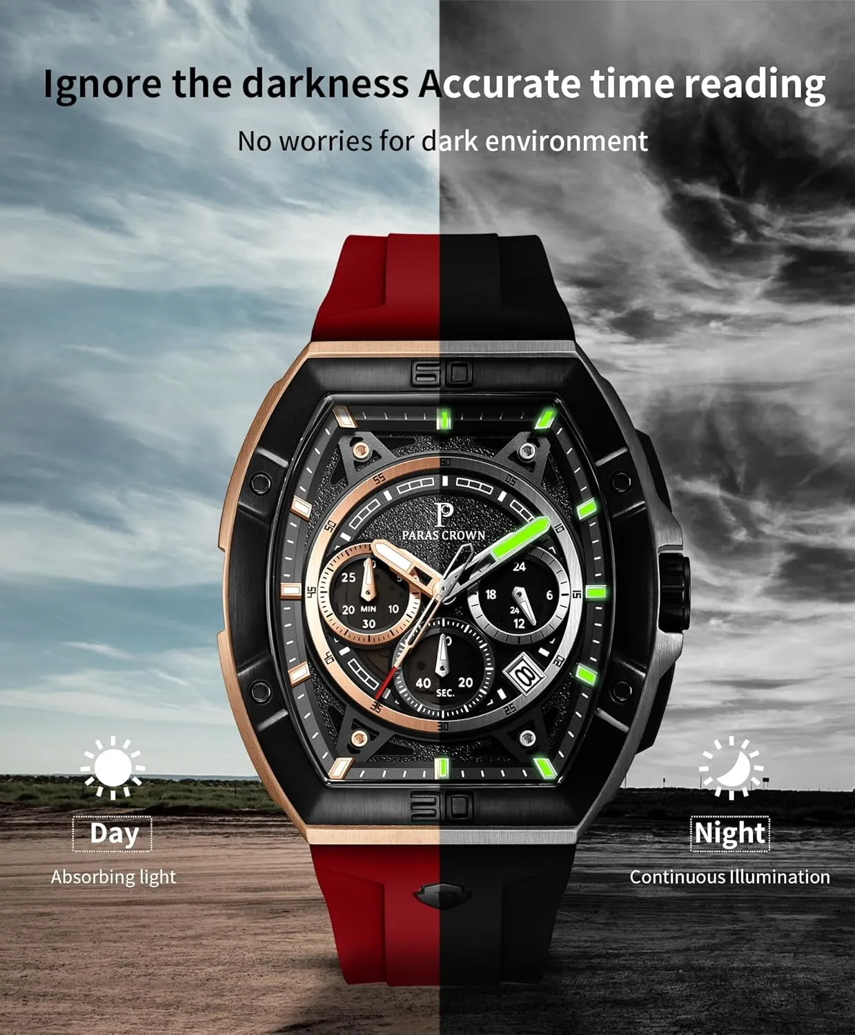 Mens Watches Analog Quartz Luxury Tonneau Watches for Men Japanese Movement 50M Waterproof Stainless Steel Case Luminous Sport Watch