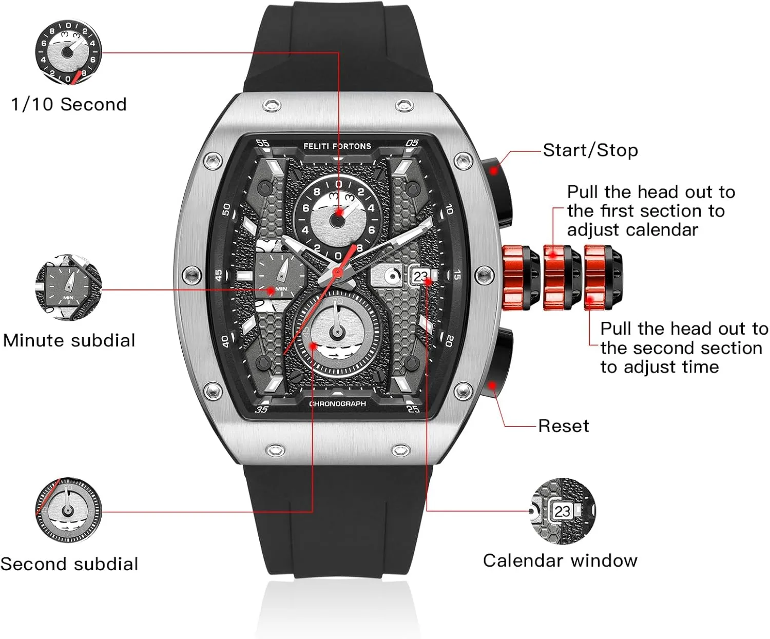 Mens Watches Sport Tonneau 3ATM Waterproof Chronograph Luminous Quartz Watches of Men Silicone Strap with Gift for Men