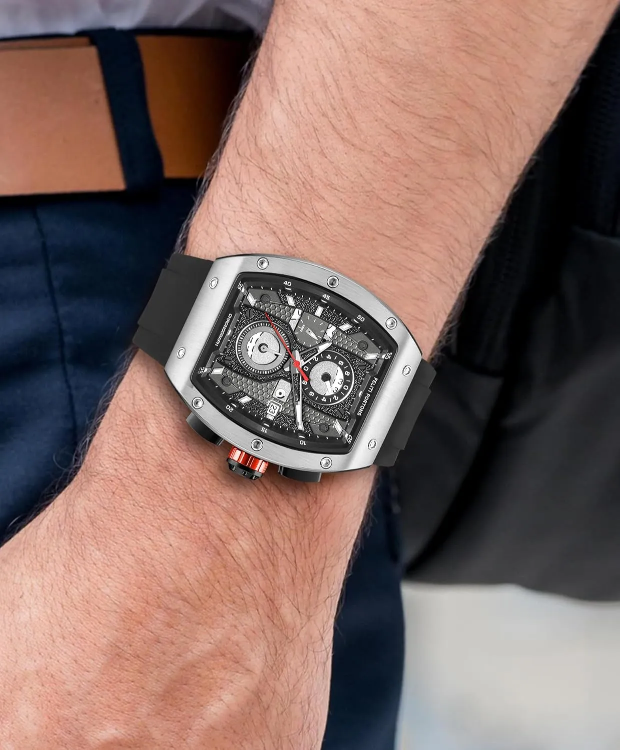 Mens Watches Sport Tonneau 3ATM Waterproof Chronograph Luminous Quartz Watches of Men Silicone Strap with Gift for Men