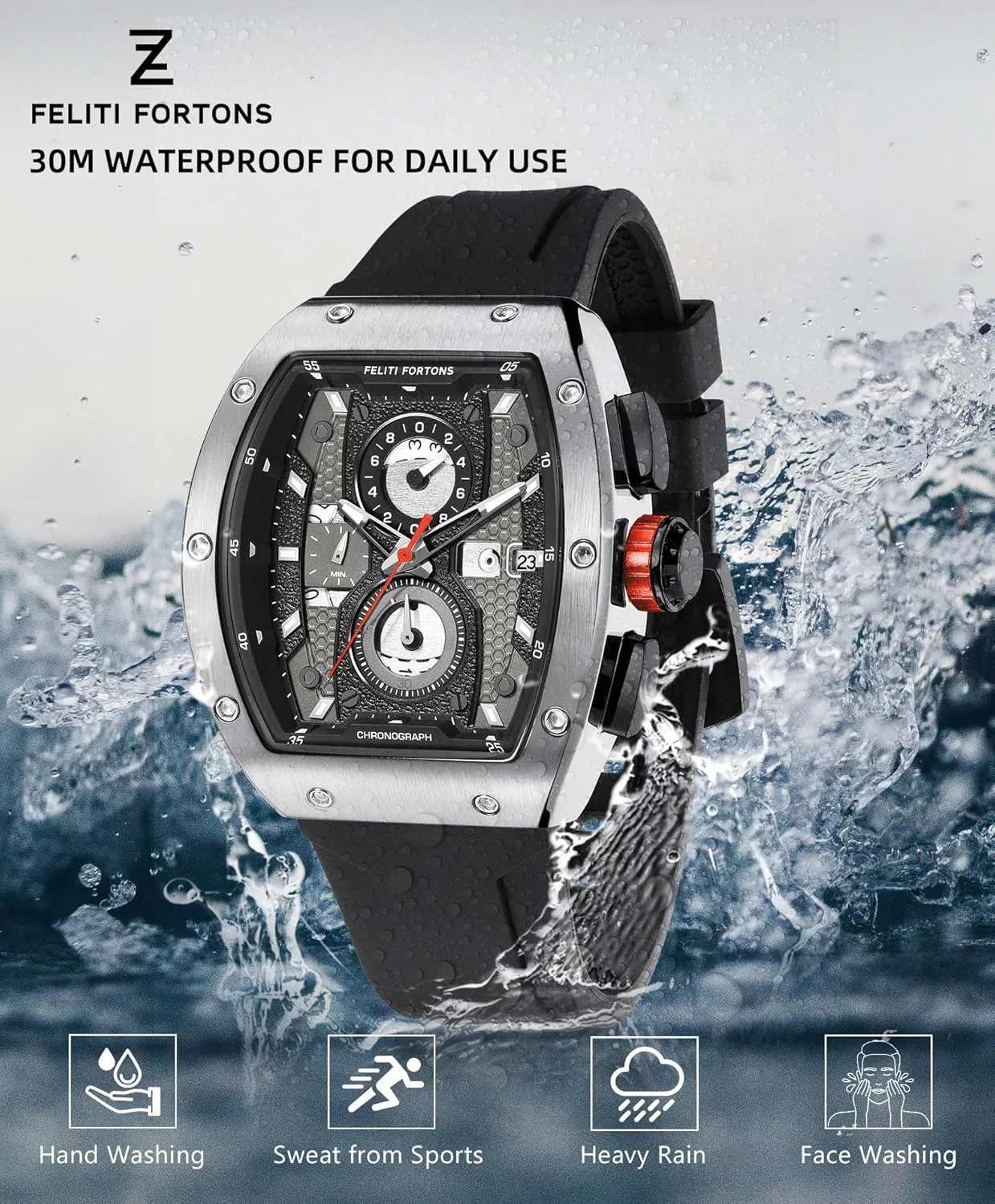 Mens Watches Sport Tonneau 3ATM Waterproof Chronograph Luminous Quartz Watches of Men Silicone Strap with Gift for Men