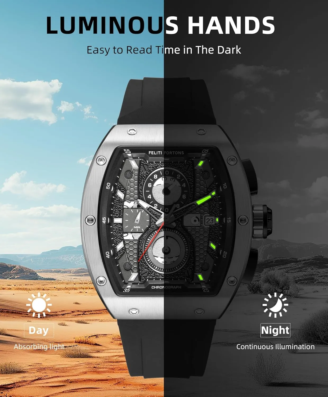Mens Watches Sport Tonneau 3ATM Waterproof Chronograph Luminous Quartz Watches of Men Silicone Strap with Gift for Men