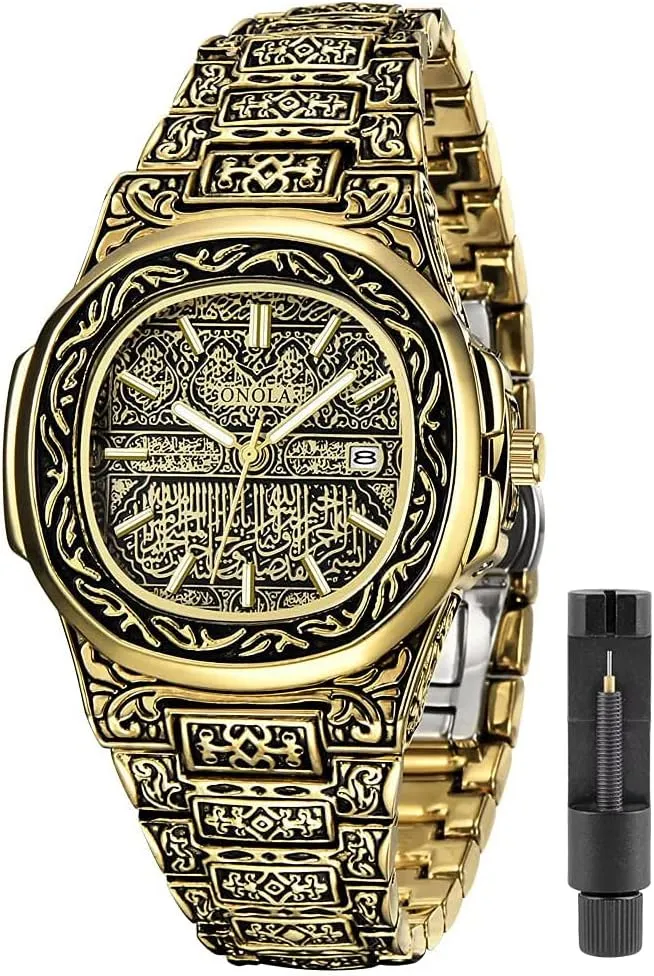 Mens Watches with Tattoo Pattern Carved Stainless Steel Waterproof Date Analog Quartz Watch Business Wrist Watches for Men