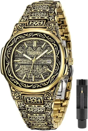 Mens Watches with Tattoo Pattern Carved Stainless Steel Waterproof Date Analog Quartz Watch Business Wrist Watches for Men