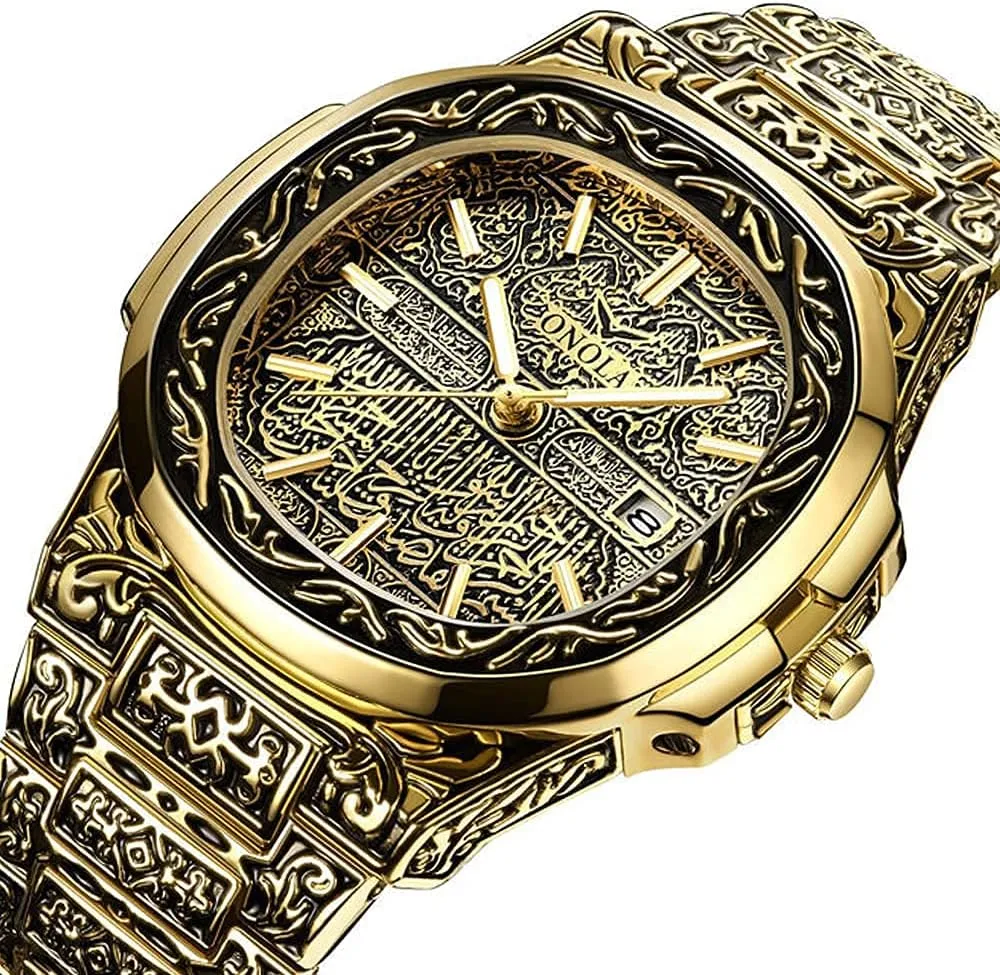 Mens Watches with Tattoo Pattern Carved Stainless Steel Waterproof Date Analog Quartz Watch Business Wrist Watches for Men
