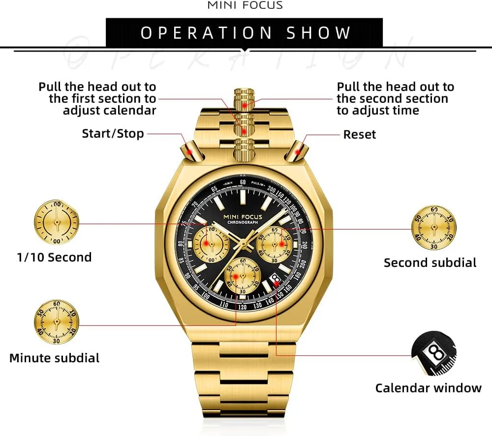 MF MINI FOCUS Unique Dress Men Watches (Chronograph/Waterproof/Luminous/Calendar) Big Face Stainless Steel Band Watches for Men