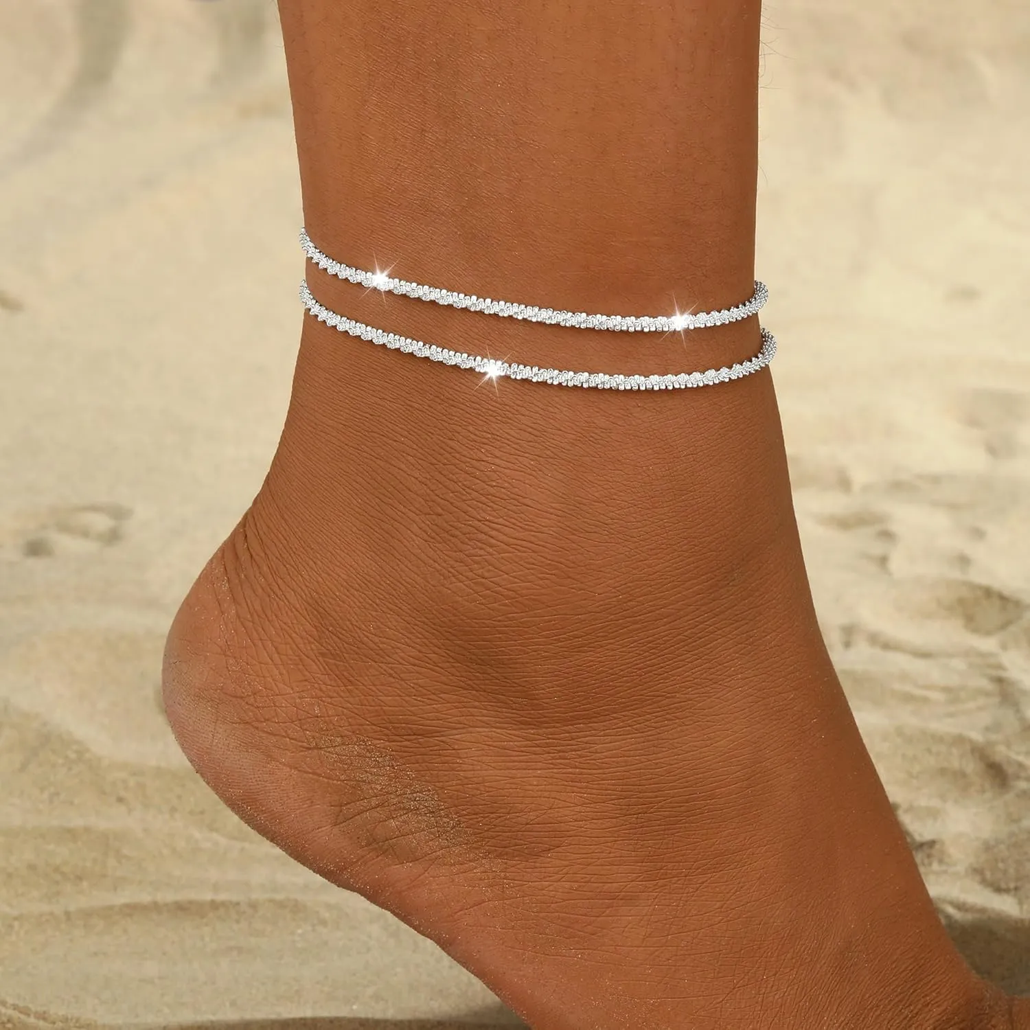 MIDEEO Sterling Silver Anklet Bracelets for Women,925 Sliver Plated Anklets for Women Waterproof Heart Beads CZ Layered Anklets Set Bracelets for Women Jewelry Gift