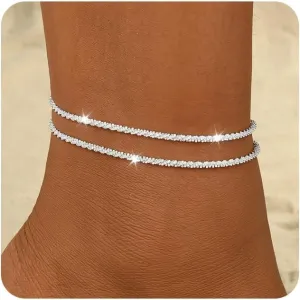 MIDEEO Sterling Silver Anklet Bracelets for Women,925 Sliver Plated Anklets for Women Waterproof Heart Beads CZ Layered Anklets Set Bracelets for Women Jewelry Gift