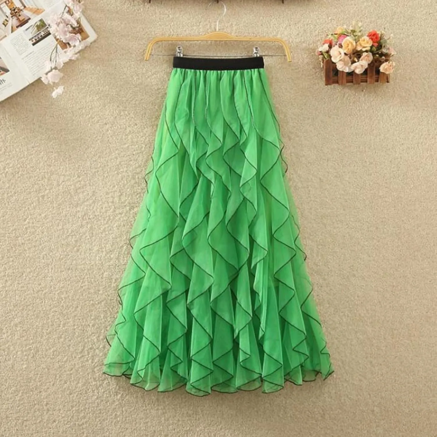 Midi Skirt for Women Trendy High Elastic Waist Loose Pleated Ladies Ruffles Casual Vacation Wedding Skirts for Party