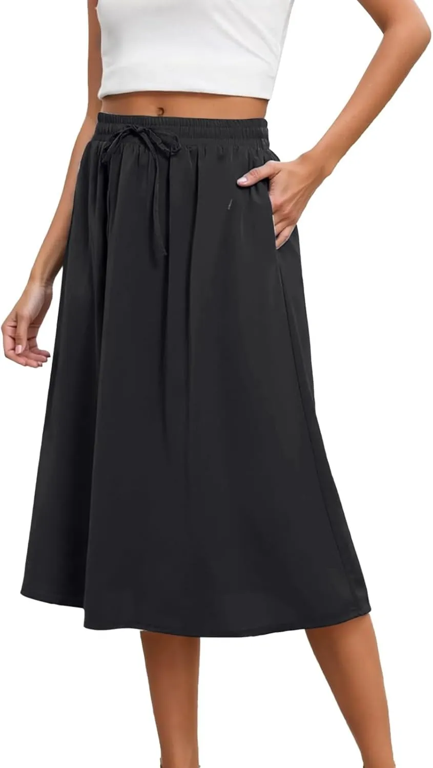 Midi Skirts for Women 2025 Summer Drawstring Elastic Waisted Flowy Swing S-Line Vacation Beach Skirt with Pockets