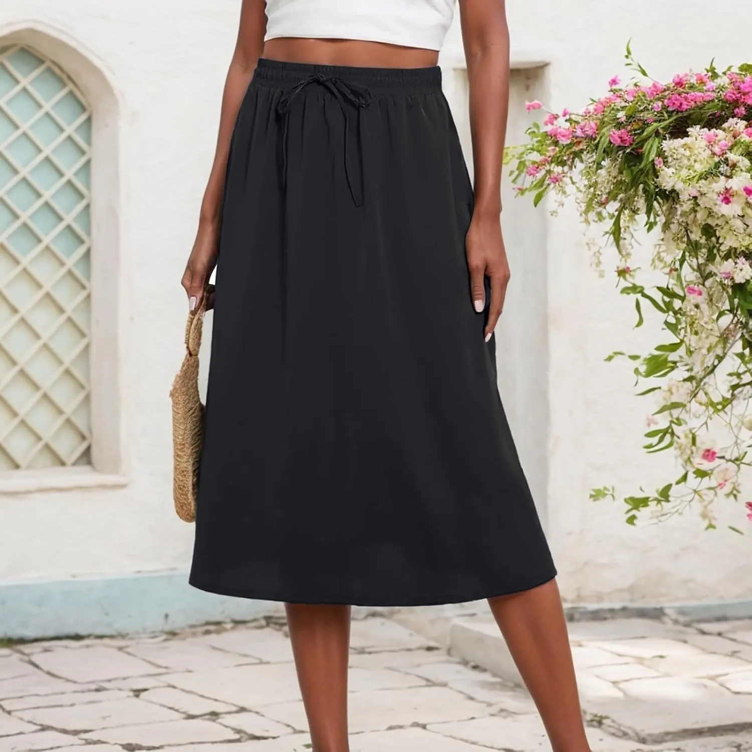 Midi Skirts for Women 2025 Summer Drawstring Elastic Waisted Flowy Swing S-Line Vacation Beach Skirt with Pockets