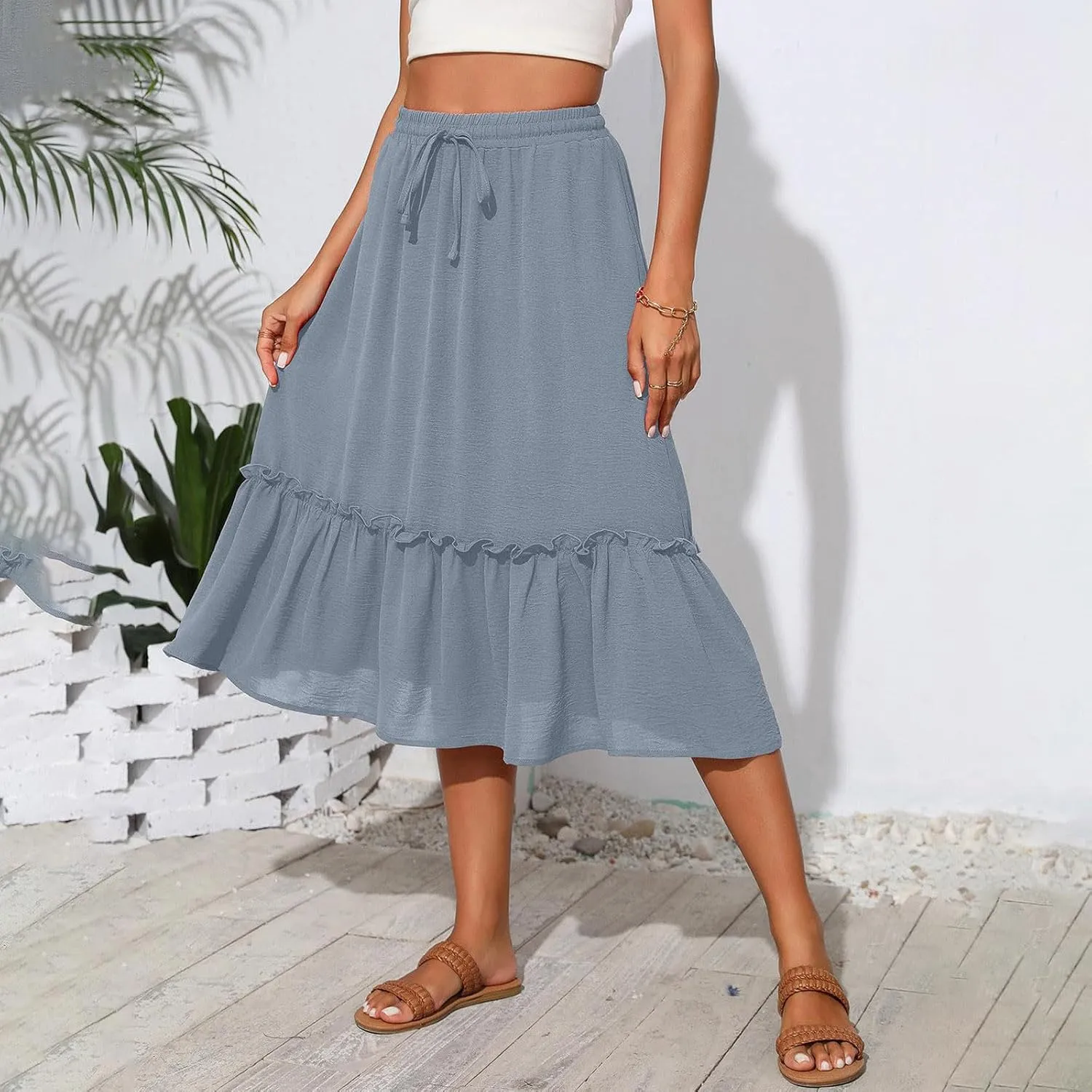 Midi Skirts for Women Casual Summer Boho Flowy Swing Ruffle Tiered A-Line Elastic Tie Waist Pleated Long Skirt Dress
