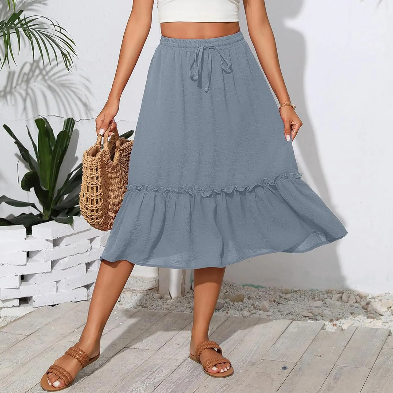 Midi Skirts for Women Casual Summer Boho Flowy Swing Ruffle Tiered A-Line Elastic Tie Waist Pleated Long Skirt Dress