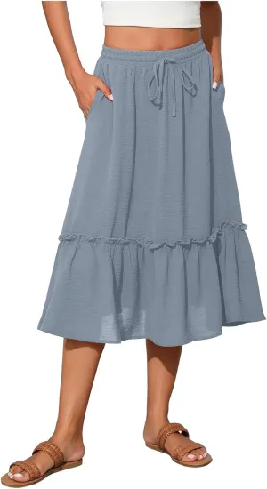 Midi Skirts for Women Casual Summer Boho Flowy Swing Ruffle Tiered A-Line Elastic Tie Waist Pleated Long Skirt Dress