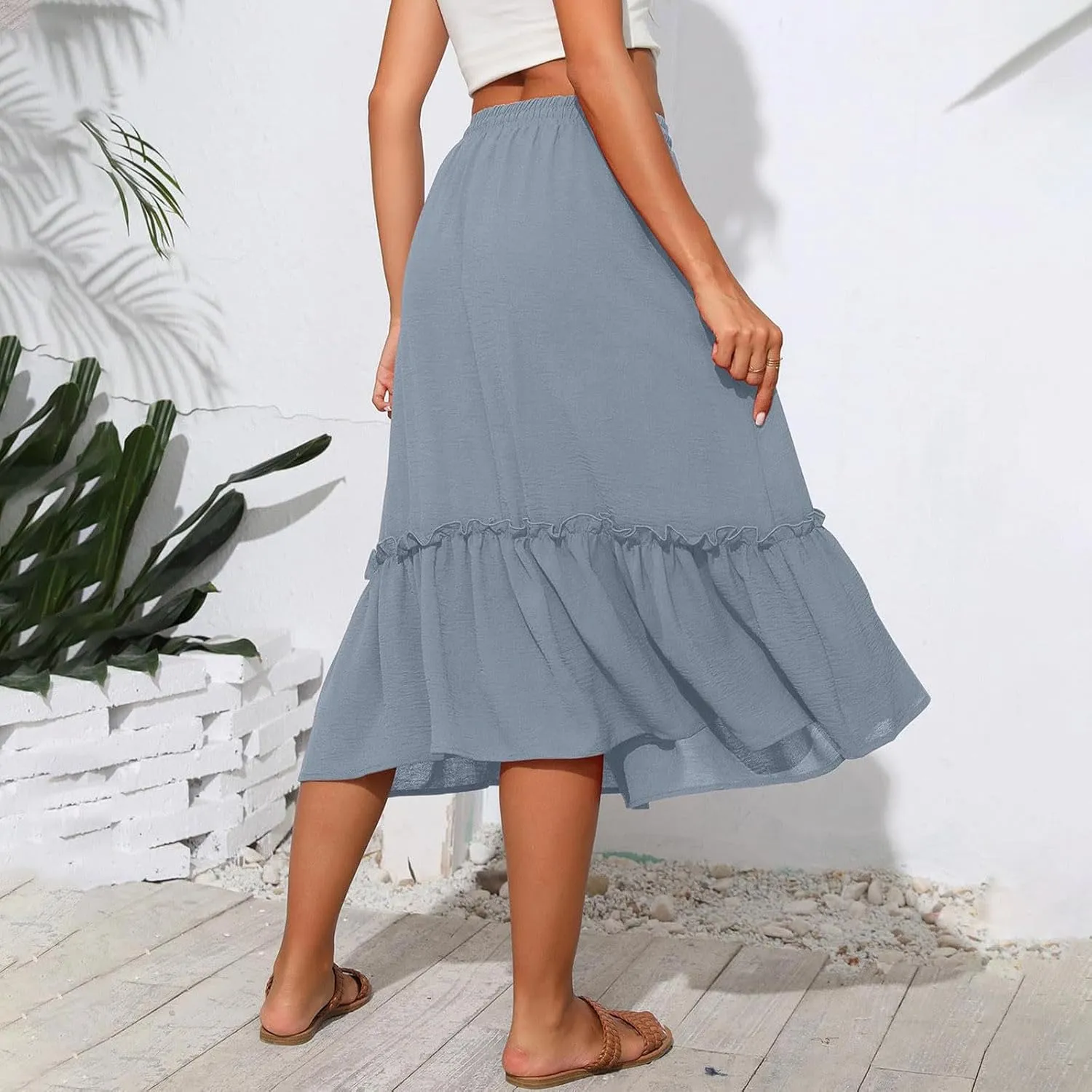 Midi Skirts for Women Casual Summer Boho Flowy Swing Ruffle Tiered A-Line Elastic Tie Waist Pleated Long Skirt Dress