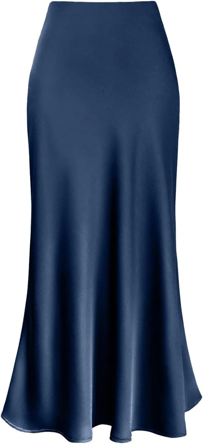 Midi Skirts for Women High Waist Satin Fall Casual Sexy Midi Length Elastic Skirt Festival Party Skirt
