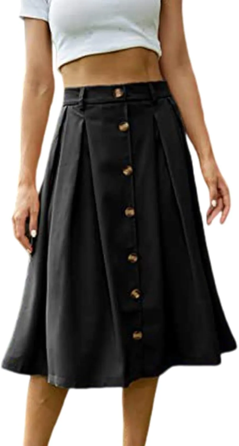 Midi Skirts for Women Spring Fall Button A-Line Skirt Casual Plain Pleated Long Skirts Ruffle Flowy Midi Skirt