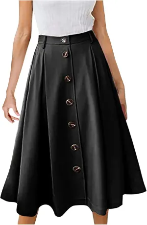Midi Skirts for Women Spring Fall Button A-Line Skirt Casual Plain Pleated Long Skirts Ruffle Flowy Midi Skirt
