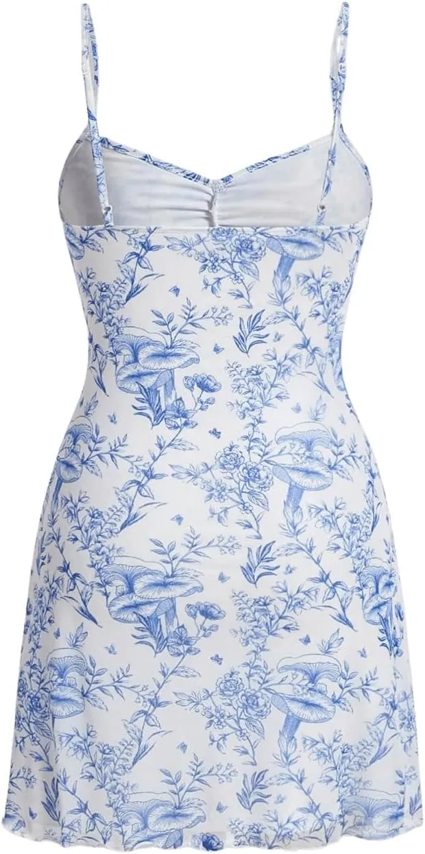 Milumia Women's Floral Print Tie Front Spaghetti Strap Cami Dress V Neck Flare Mini Sun Dresses