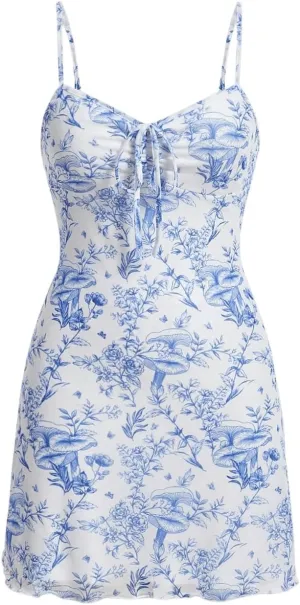 Milumia Women's Floral Print Tie Front Spaghetti Strap Cami Dress V Neck Flare Mini Sun Dresses