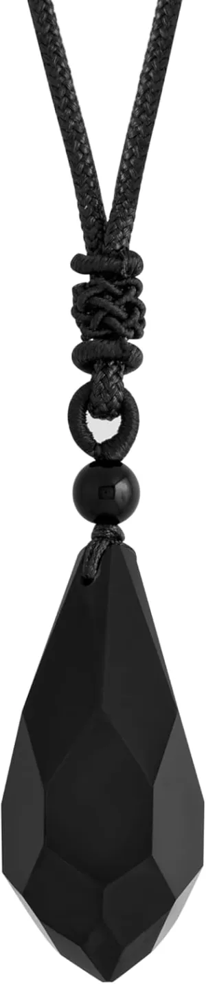 MINACHI Black Obsidian Faceted Teardrop Crystal Pendant Necklace with Braided Cord, Protective Amulet Jewelry Gift for Men and Women