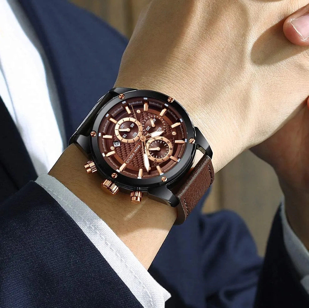 Mini Focus Men Watches Business Casual Wrist Watches (Multifunction/Waterproof/Luminous/Calendar) Genuine Leather Band Fashion Watch for Men
