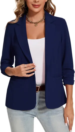 MINTLIMIT Blazers for Women Ruched 3/4 Sleeve Notch Lapel Button Front Blazer Casual Work Office Suit Jacket with Pocket