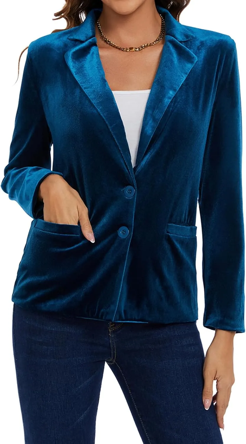 MINTLIMIT Velvet Blazer for Women Casual Work Office Long Sleeve Notched Lapel Button Blazer Jacket with Pockets Outerwear