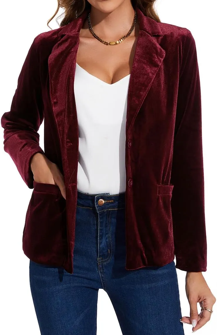 MINTLIMIT Velvet Blazer for Women Casual Work Office Long Sleeve Notched Lapel Button Blazer Jacket with Pockets Outerwear