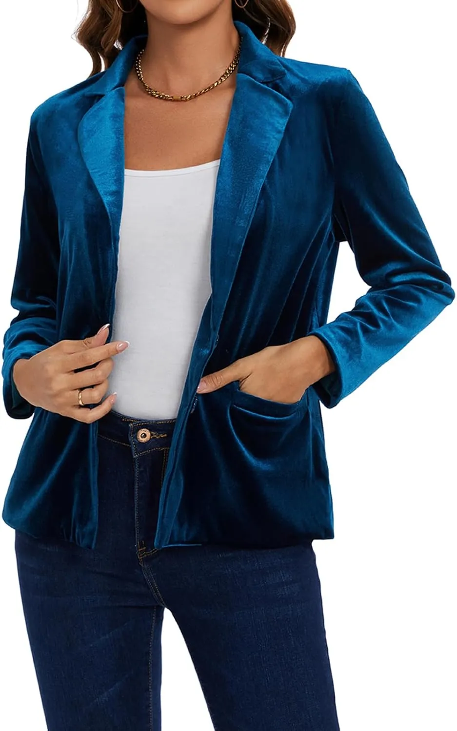 MINTLIMIT Velvet Blazer for Women Casual Work Office Long Sleeve Notched Lapel Button Blazer Jacket with Pockets Outerwear
