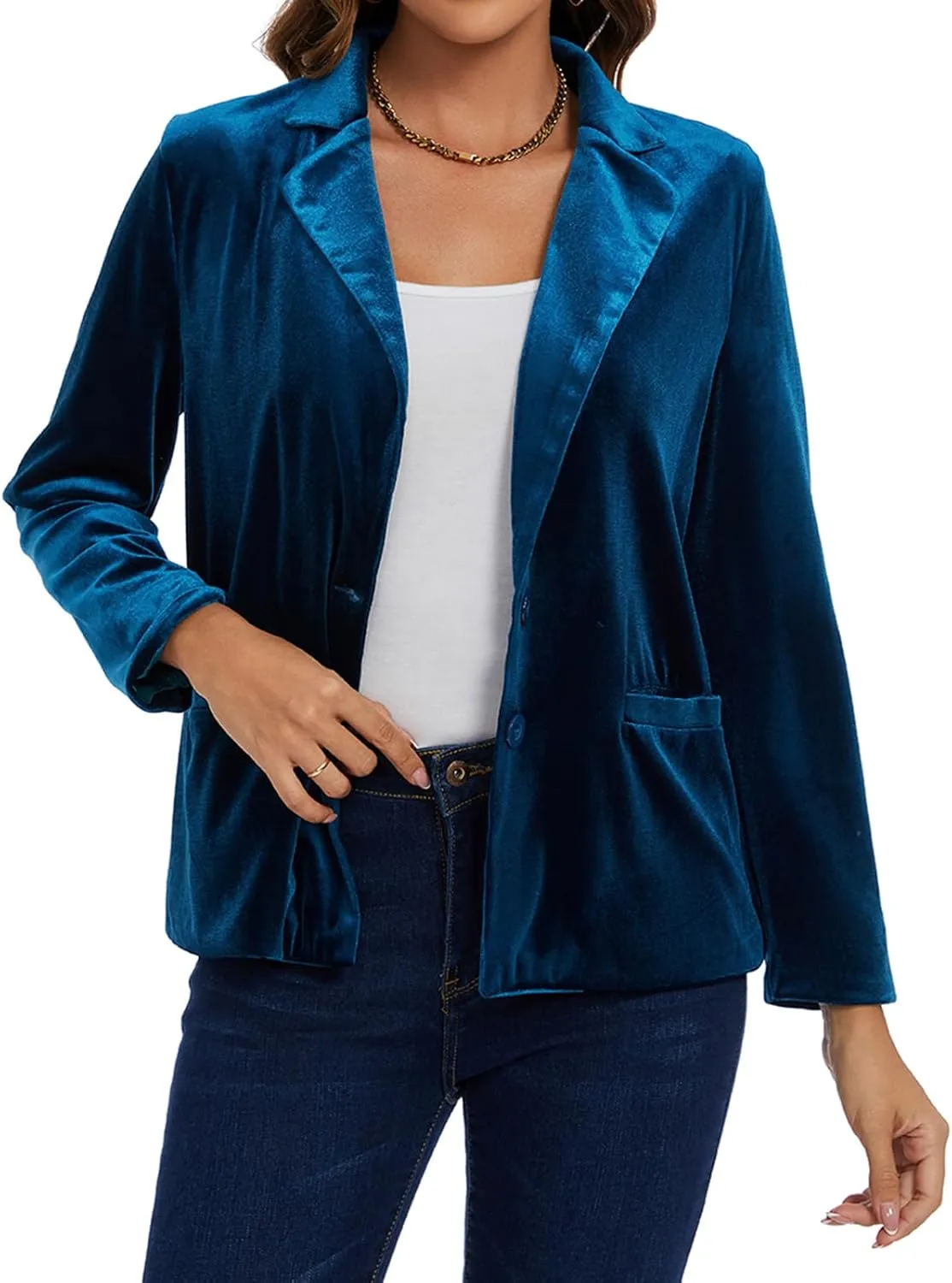 MINTLIMIT Velvet Blazer for Women Casual Work Office Long Sleeve Notched Lapel Button Blazer Jacket with Pockets Outerwear