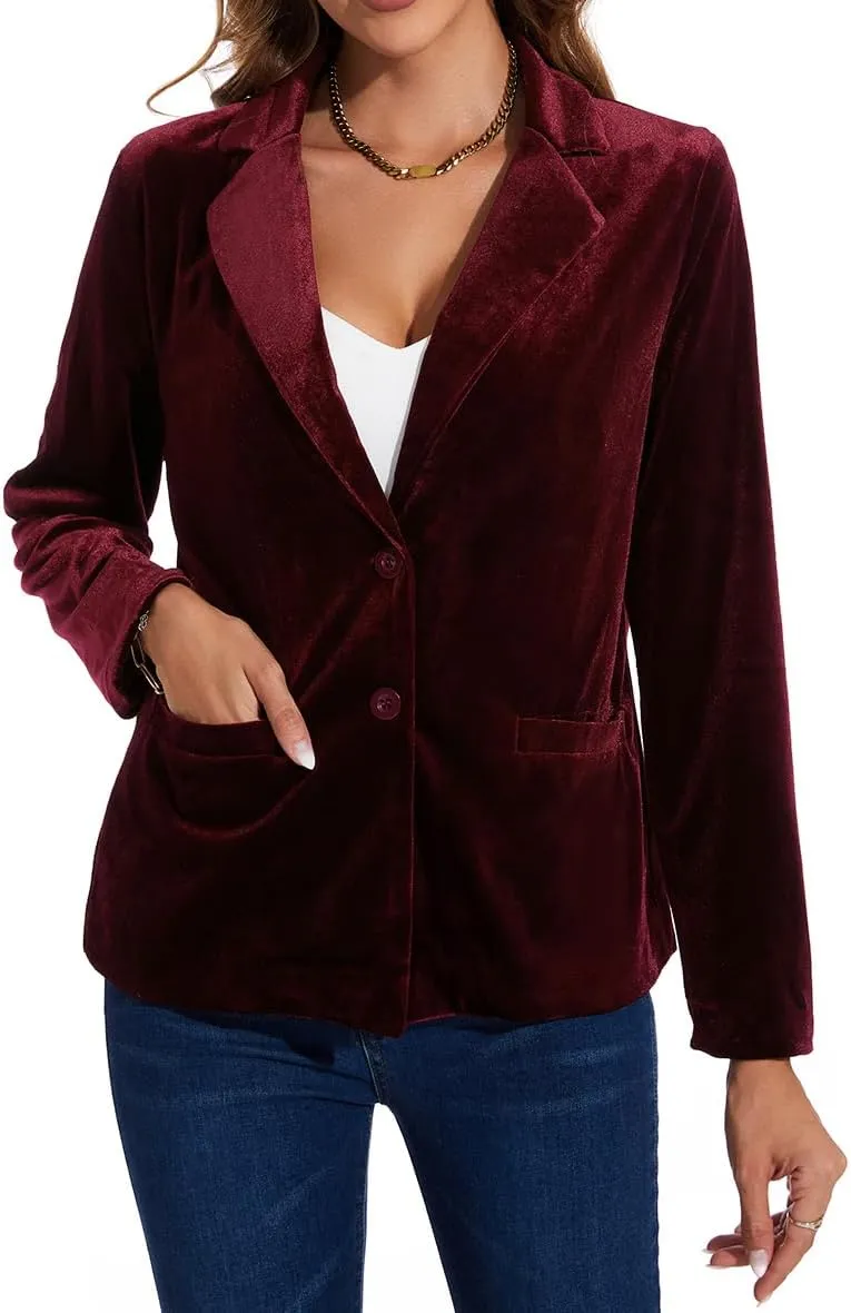 MINTLIMIT Velvet Blazer for Women Casual Work Office Long Sleeve Notched Lapel Button Blazer Jacket with Pockets Outerwear