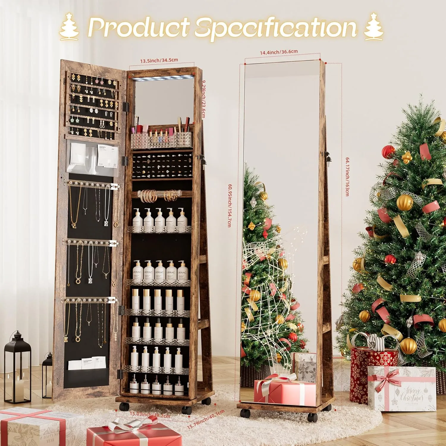Mirror Jewelry Cabinet Standing, Full Length Mirror Jewelry Armoire with Wheels, 360 Rotating Jewelry Storage with LED Lights, Lockable Jewelry Organizer for Girls