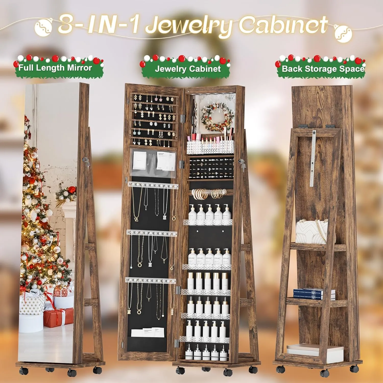 Mirror Jewelry Cabinet Standing, Full Length Mirror Jewelry Armoire with Wheels, 360 Rotating Jewelry Storage with LED Lights, Lockable Jewelry Organizer for Girls