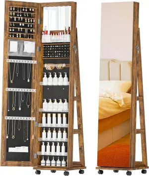 Mirror Jewelry Cabinet Standing, Full Length Mirror Jewelry Armoire with Wheels, 360 Rotating Jewelry Storage with LED Lights, Lockable Jewelry Organizer for Girls
