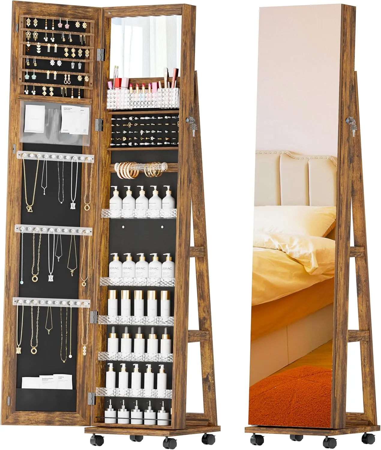 Mirror Jewelry Cabinet Standing, Full Length Mirror Jewelry Armoire with Wheels, 360 Rotating Jewelry Storage with LED Lights, Lockable Jewelry Organizer for Girls