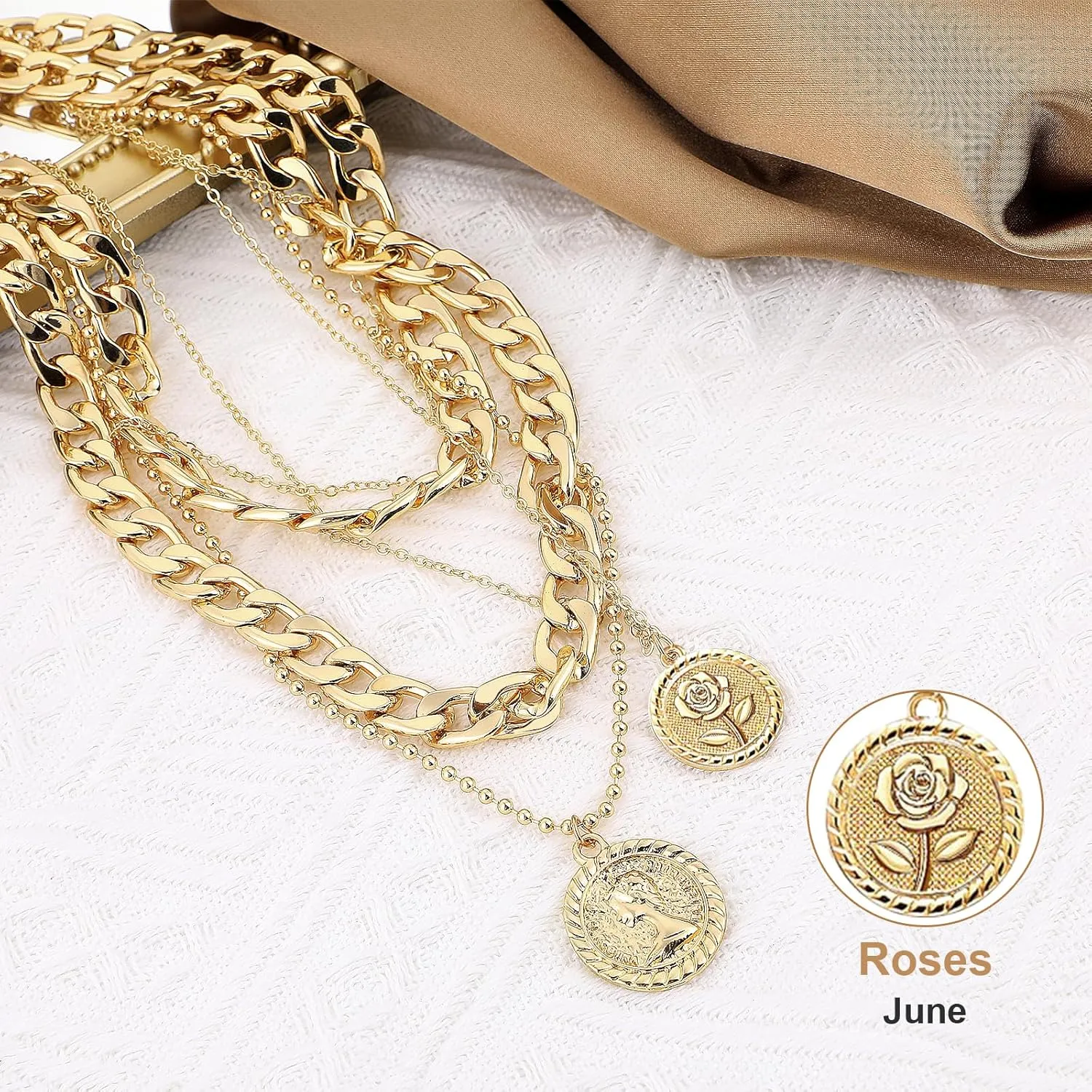 MJartoria Gold Layered Necklaces for Women Trendy Retro Coin Pendant Necklace Dainty Chunky Chain Choker Necklaces for Jewelry Birthday Gifts