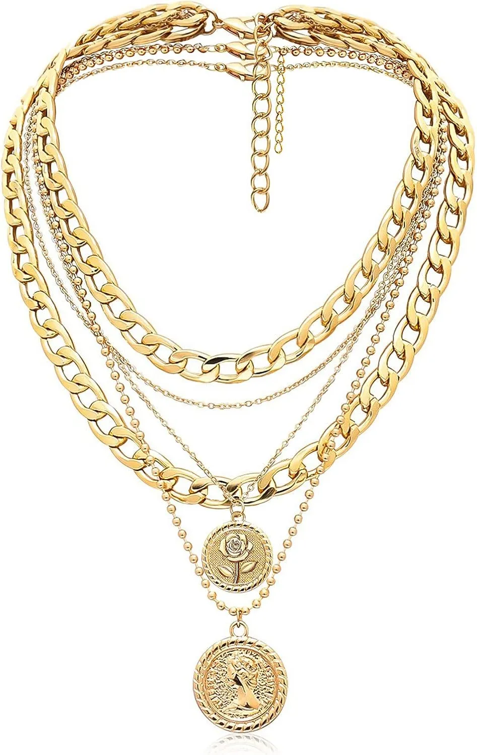 MJartoria Gold Layered Necklaces for Women Trendy Retro Coin Pendant Necklace Dainty Chunky Chain Choker Necklaces for Jewelry Birthday Gifts
