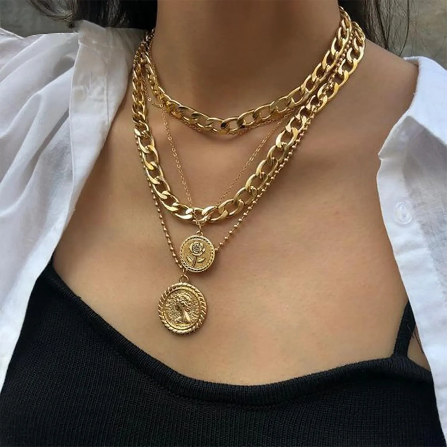 MJartoria Gold Layered Necklaces for Women Trendy Retro Coin Pendant Necklace Dainty Chunky Chain Choker Necklaces for Jewelry Birthday Gifts
